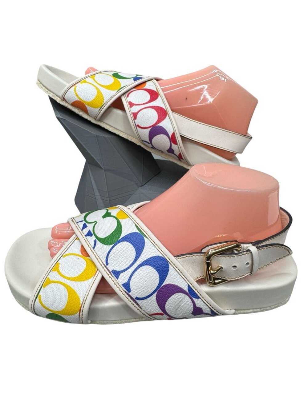 Coach Rainbow Signature Slide Sandals Size 11 B White Strap Womens Pride READ